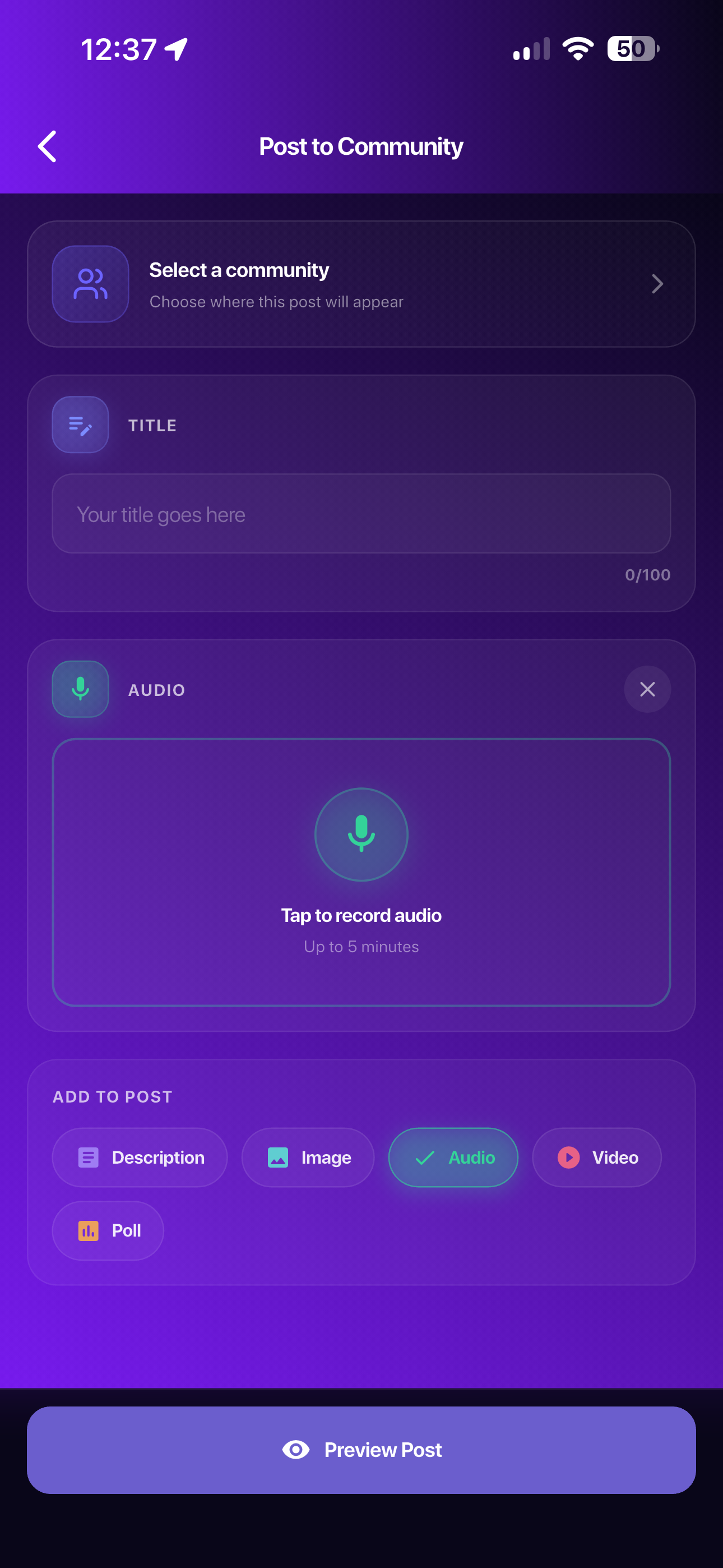 The Alignmates audio post composer, with a tap-to-record control