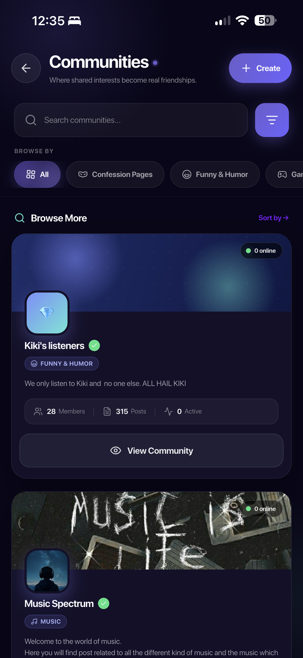 Alignmates community discovery with search, browse categories, and a community detail card