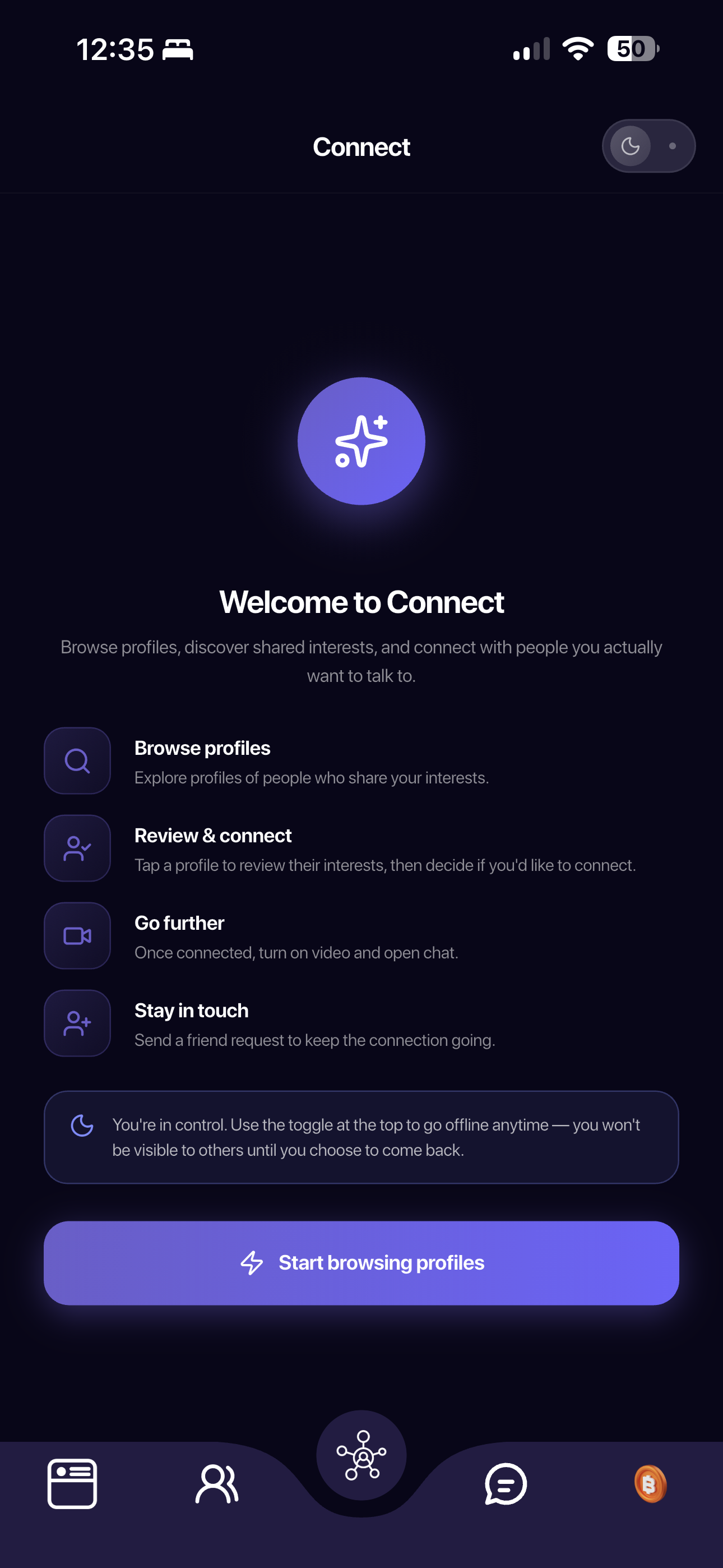 Alignmates Connect introduction explaining browse, review, connect, and stay in touch