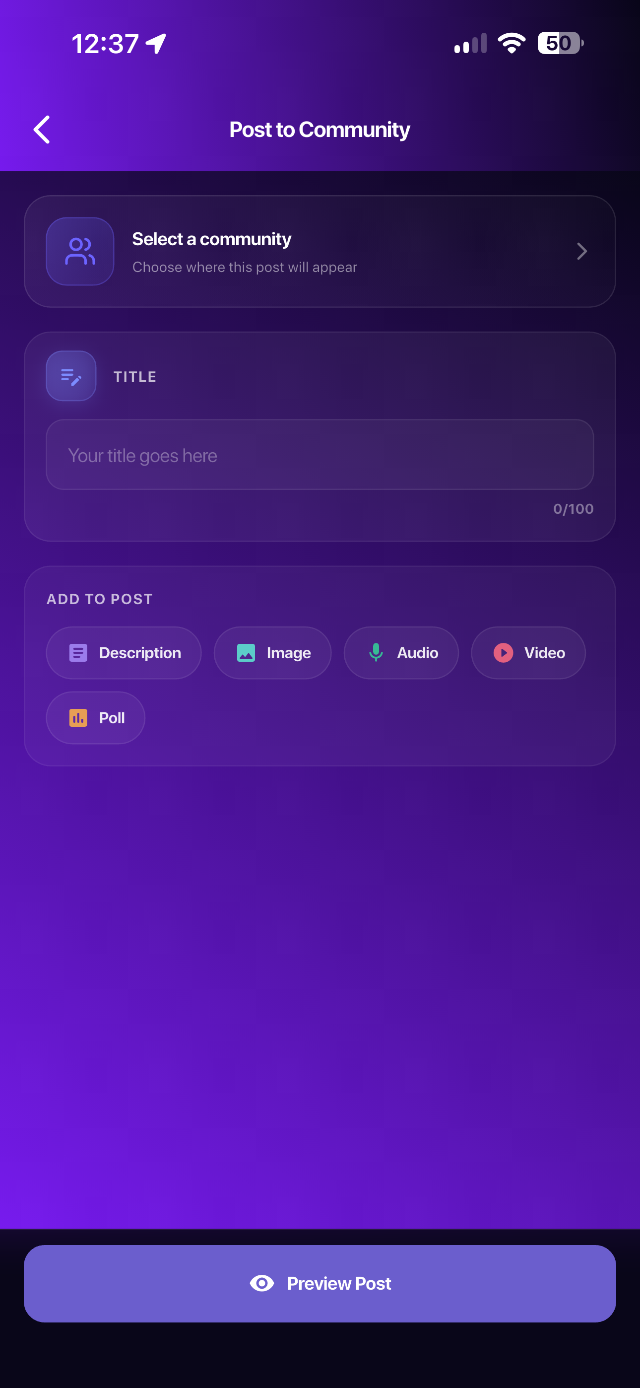 Alignmates post composer showing the text, image, audio, video, and poll format options