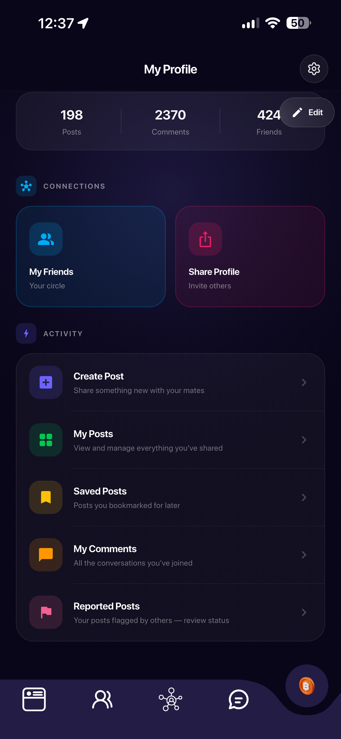 Alignmates profile activity and connections